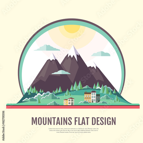 Flat style design of countryside mountains landscape.