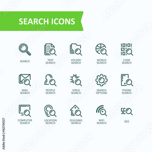 Set of vector illustrations fine line icons, concept of analysis, search of information, data. 32x32 pixel perfect