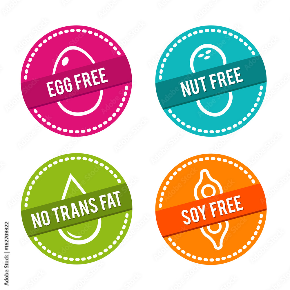 Set of Allergen free Badges. Egg free, Nut free, No Trans Fat, Soy free. Vector hand drawn Signs. Can be used for packaging Design. Set of Allergen free Badges. Egg free, Nut free, No Trans Fat, Soy free. Vector hand drawn Signs. Can be used for packaging Design.