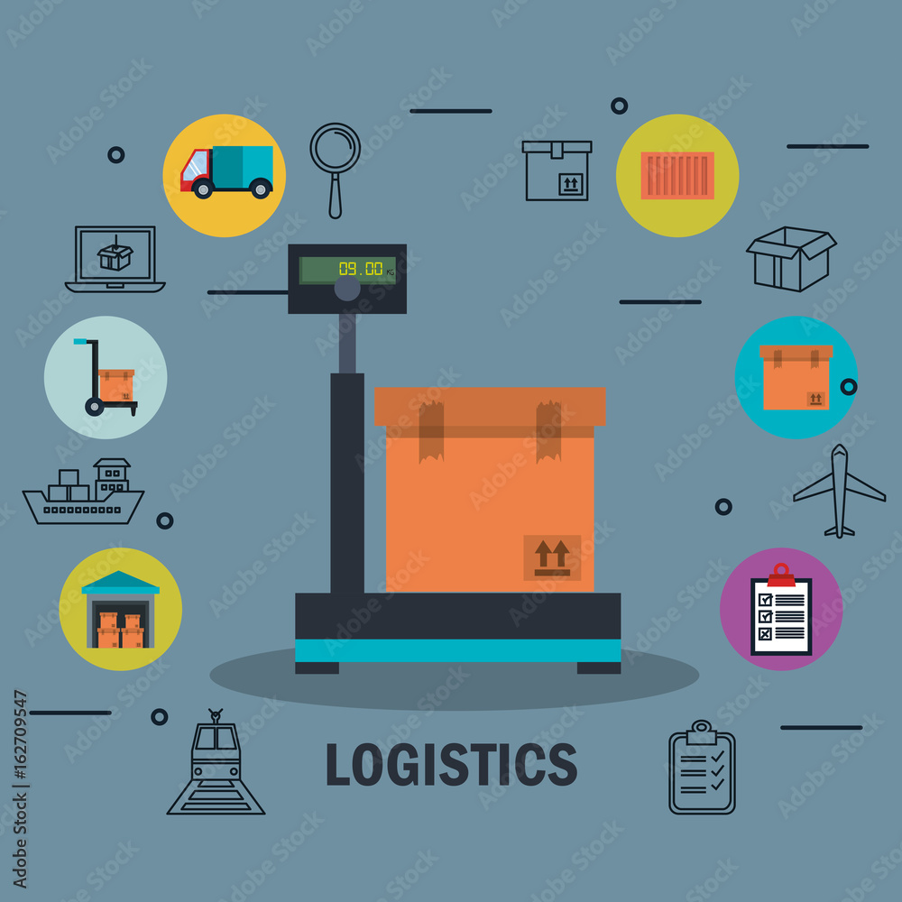 Box on industrial scale and delivery related icons over gray background vector illustration Box on industrial scale and delivery related icons over gray background vector illustration