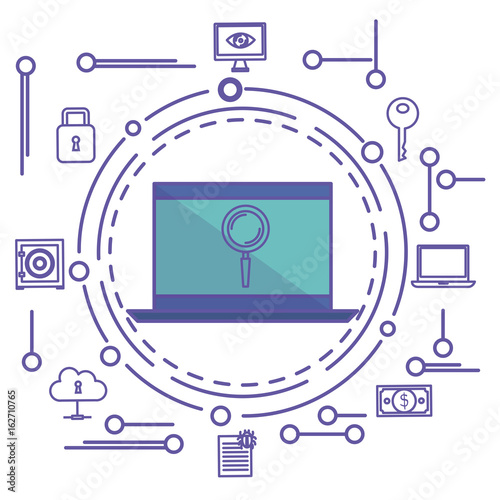 Laptop with magnifying glass sticker and hand drawn cyber security related objects over white background