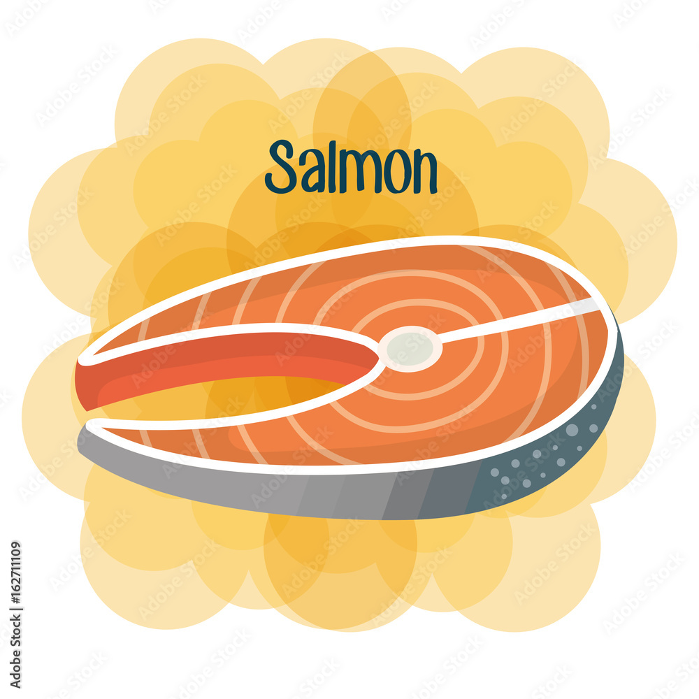 Fototapeta premium Salmon steak over white and yellow background vector illustration