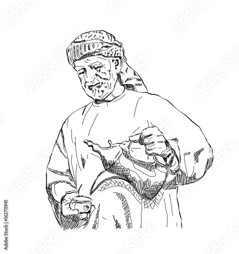 Sketch of Arabic man taking Arabic tea in vector.