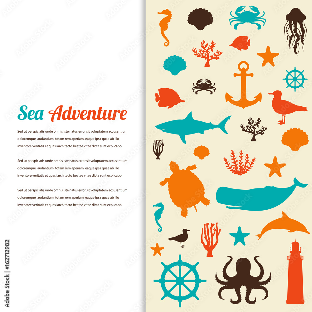 Sea icons and symbols set. Sea animals. Nautical design elements. Vector Sea icons and symbols set. Sea animals. Nautical design elements. Vector