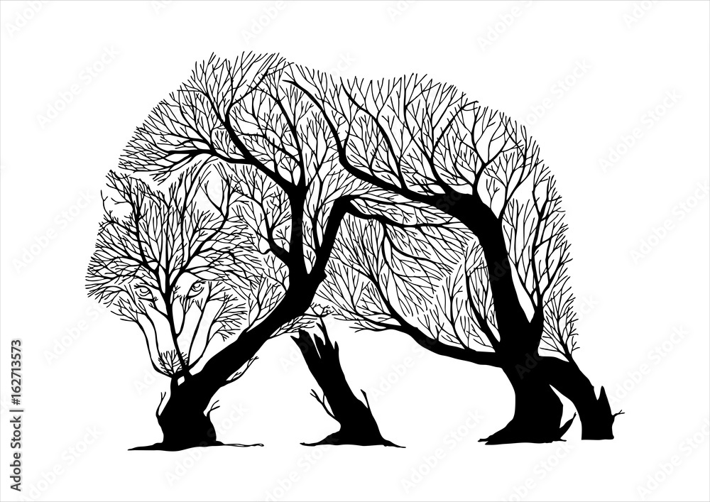 Mysterious aggressive Wolf walking slowly and hunt silhouette double  exposure blend tree drawing tattoo vector Stock Vector | Adobe Stock