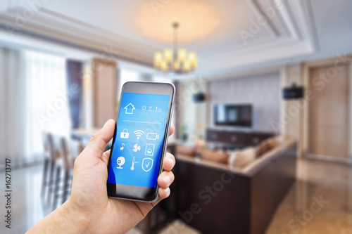 mobile phone with living room in smart home