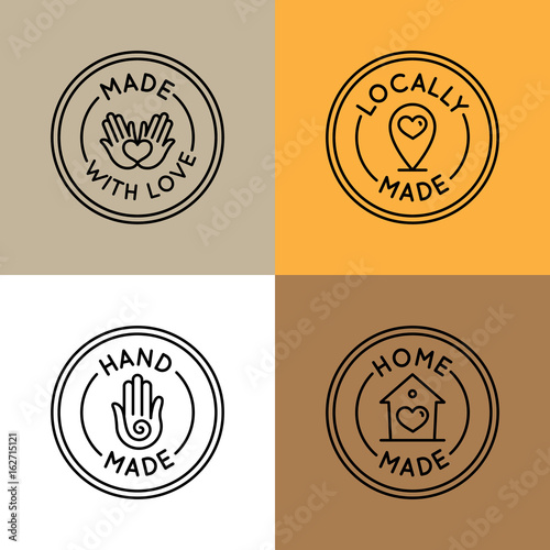 Vector set of emblems, badges and icons for handcrafted goods  crafters and designers selling unique, handmade goods - round tags for packaging and lables