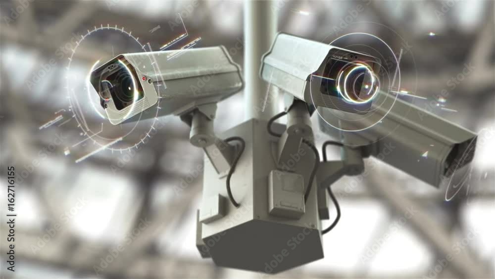 Futuristic security cameras scanning the street in 4K