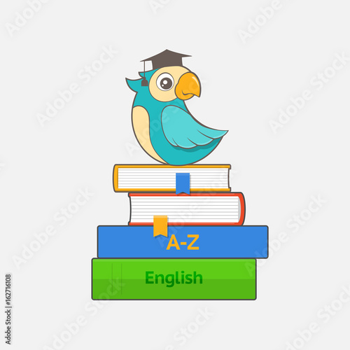 Smart parrot in graduation cap sits on a stack of books and dictionaries