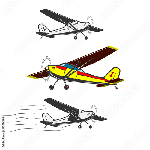
Sports, excitement and travel around the world in flight.
Three kinds of vintage, small aircraft. One in color.