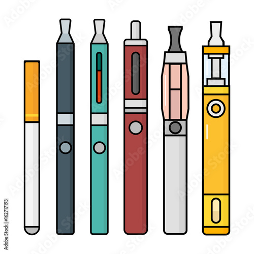 Vape device vector set cigarette vaporizer vapor juice bottle flavor illustration battery coil.