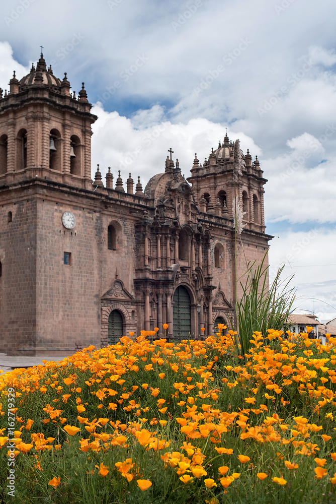 Yellow flowers in Cusco, Peru's Plaza de Armas on a cloudy day.