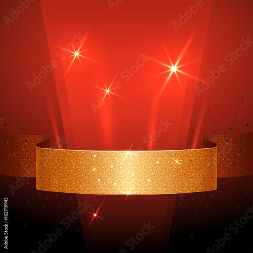 Banner with Golden Ribbon on Dark Red Background.