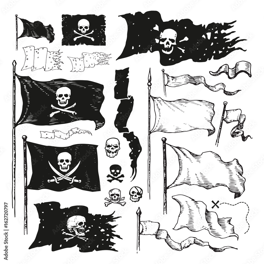 Naklejka premium Vector illustrated set of various waving pirate flags