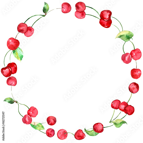 Watercolor Cherries fruit wreath on white background