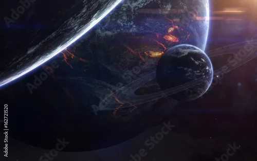 Obraz Tapeta kosmiczna science fiction, niewiarygodnie piękne planety, galaktyki, ciemne i zimne piękno nieskończonego wszechświata. Elementy tego obrazu dostarczone przez NASA