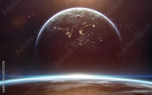 Obraz Tapeta kosmiczna science fiction, niewiarygodnie piękne planety, galaktyki, ciemne i zimne piękno nieskończonego wszechświata. Elementy tego obrazu dostarczone przez NASA