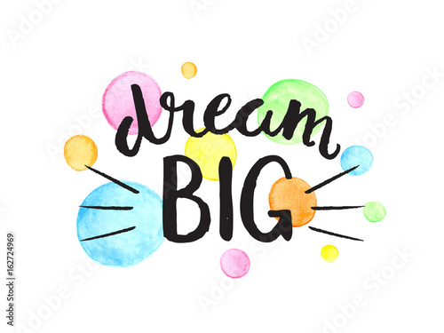 DREAM BIG motivational quote with colourful watercolour dots