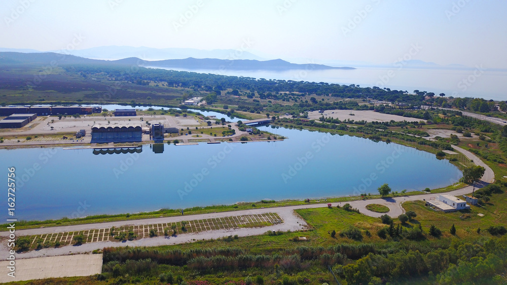 Aerial drone photo of Schinias public Rowing and Canoeing Centre , Attica, Greece