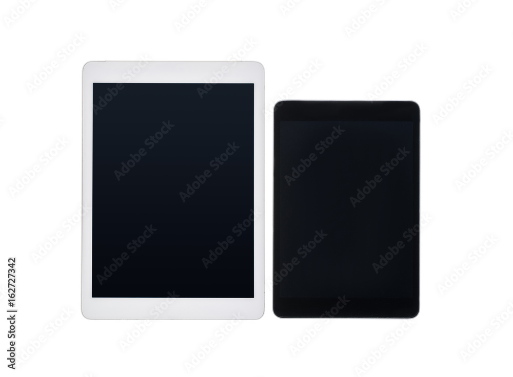 close up view of pair of digital tablets with blank screens isolated on white close up view of pair of digital tablets with blank screens isolated on white