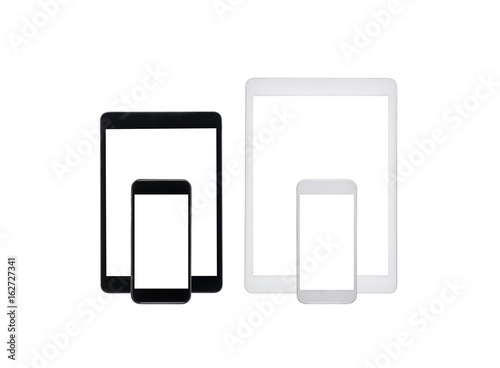 close up view of digital tablets and smartphones isolated on white