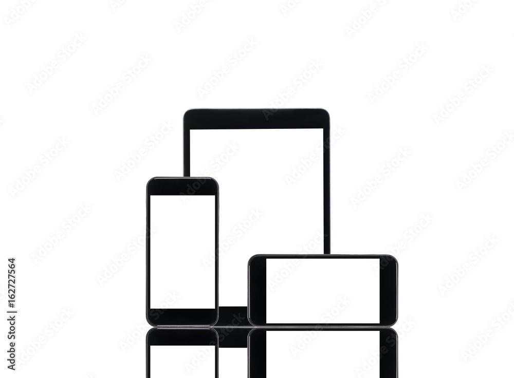 arranged tablet computer and smartphones with blank screens isolated on white arranged tablet computer and smartphones with blank screens isolated on white