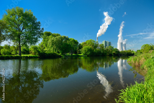 Smoking Coal Power Plant reflecting in river photo