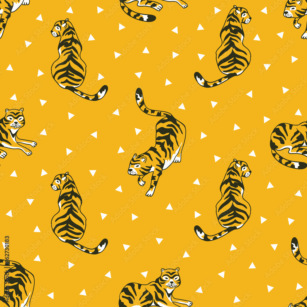 Vector seamless pattern with tigers and triangles isolated on the white background. Animal  background for fabric or wallpaper boho design.