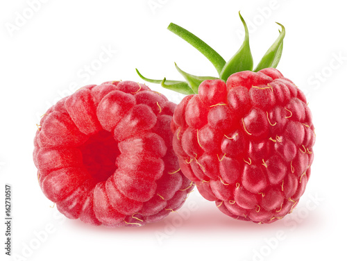 Isolated berries. Two fresh raspberry fruits isolated on white background with clipping path