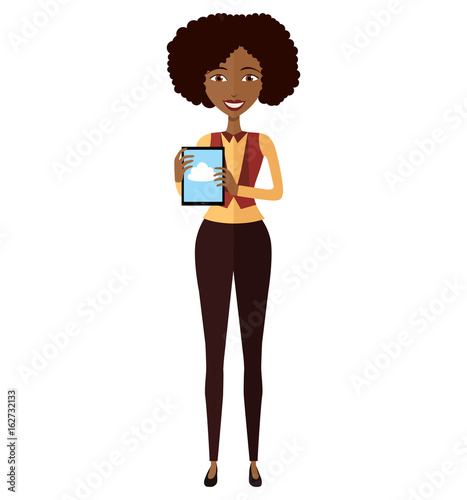 Happy African american woman character with tablet vector illustration isolated on a white background.