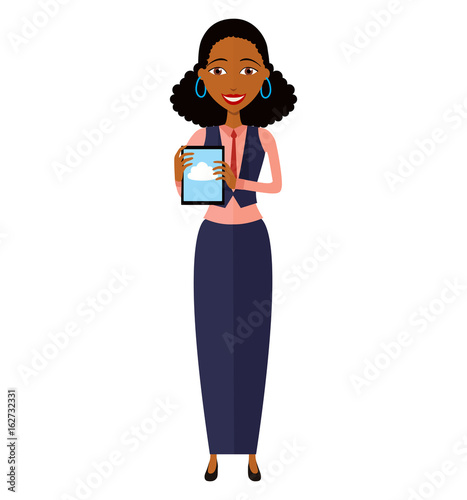 African American woman character with tablet vector isolated on a white background