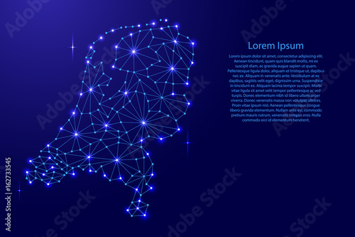 Netherlands map of polygonal mosaic lines network, rays and space stars of vector illustration.