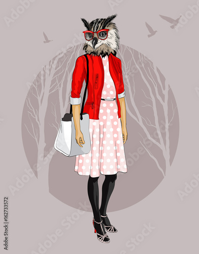 Fashion Hipster owl on tree background