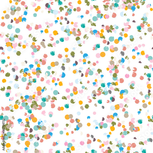  Modern Abstract Confetti Vector Seamless Pattern. Colorful grunge texture circles in pastel colors on white background. Perfect for party invitations, wrapping paper or web design. 