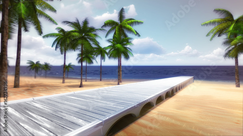 tropical palm beach with timber bridge and calm sea © LeArchitecto