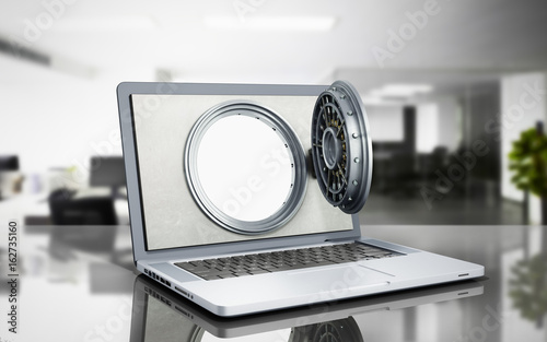 The concept of a secure online banking the open door of the bank vault on the monitor screen 3d render