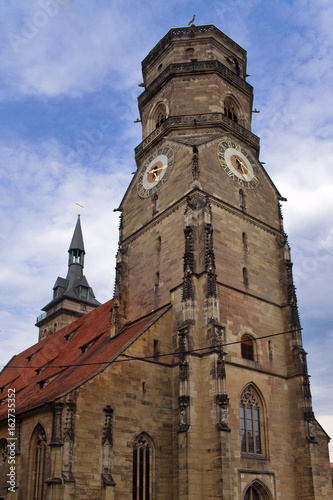 Stiftskirche church bell tower in Stuttgart in Germany