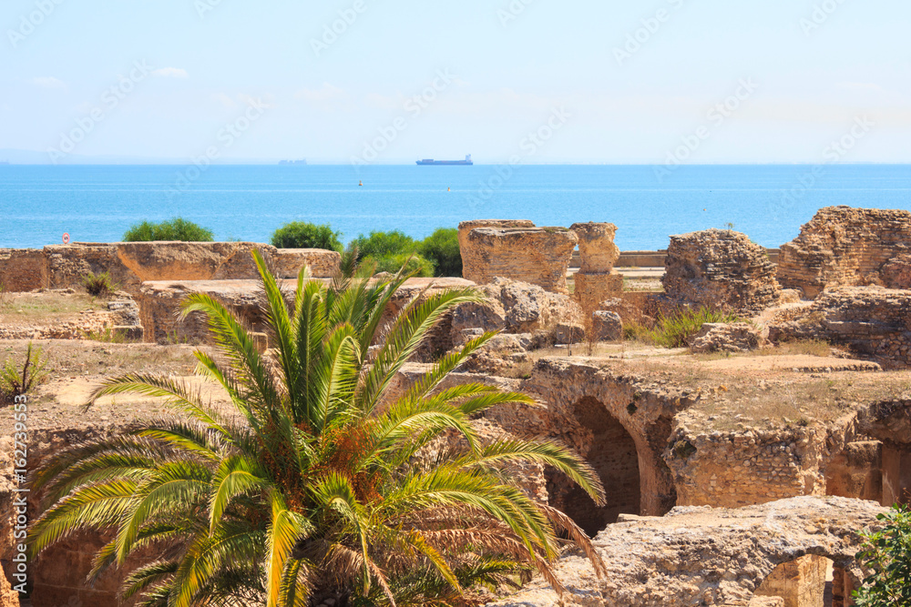 Ancient ruins of Carthage overlooking the Mediterranean Sea, Tunisia. The Heritage of UNESCO