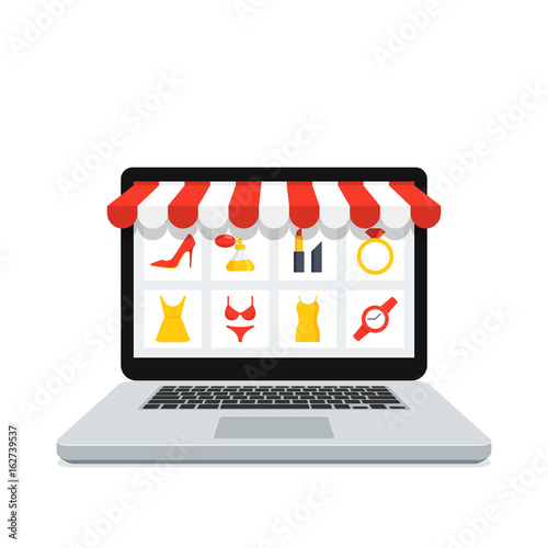 Online shopping concept with realistic laptop and online shop