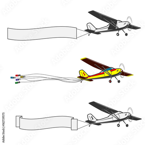 
Three kinds of vintage, small aircraft. One in color.Banner on the tail
A small plane for a wedding. The banks hang on the ropes.