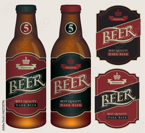 Two vector beer labels in retro style on black and red background. Templates labels for dark beer on glass bottles.