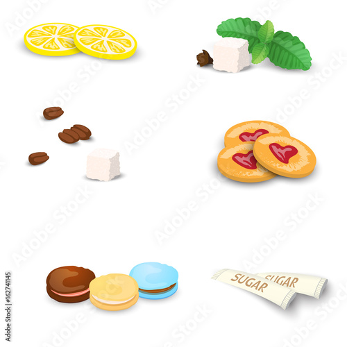 Set of sweets for tea or coffee. Small additions for hot drinks isolated on white background. Vector illustration.