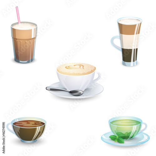 Set of delicious hot drinks coffee, tea and supplies isolated on white background. Vector illustration.
