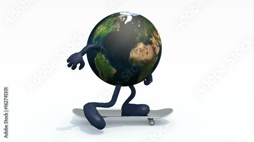 planet earth with arms and legs on skateboard, 3d animation. photo