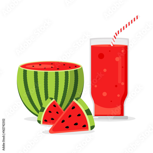 Slices of watermelon with glass of fresh juice isolated on white background. Juicy refreshing cocktail drink. Sweet healthy summer fruit smoothie. Blended organic refreshment water melon shake.