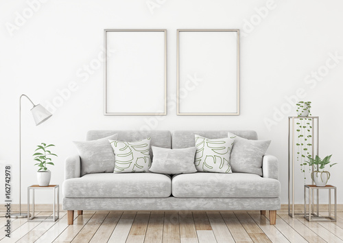 Interior poster mock up with two metal vertical frames on the wall in scandinavian style livingroom. 3d rendering.