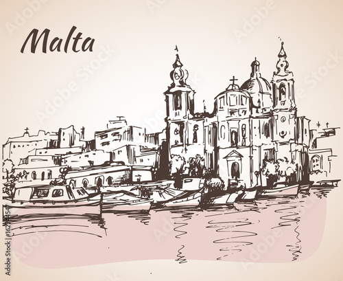 Malta island old buildings sketch.