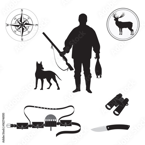 Set of sketch Huntsman with gun, duck, deer, dog, compass, bandolier, binoculars, hunting knife, isolated on white background art creative modern vector photo
