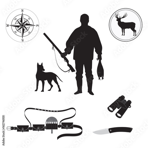 Set of sketch Huntsman with gun, duck, deer, dog, compass, bandolier, binoculars, hunting knife, isolated on white background art creative modern vector