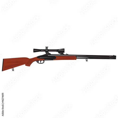 Hunting rifle with a night vision sight is isolated on white background, art creative modern vector illustration. Hunting banner